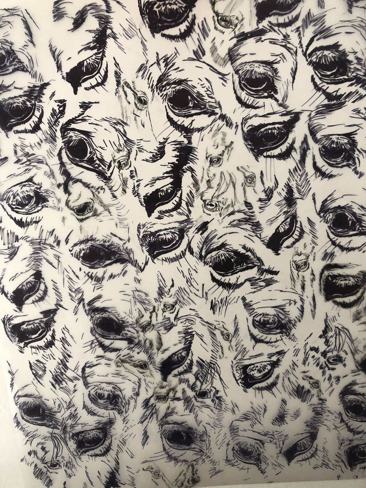All eyes on you by Shannon Johnston. Pen drawing on acetate. 63cm x 78cm