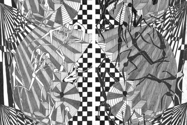 Uprise and Downfall by Ekaterina Ivanova. Dimensions: 19.1x 61.8 cm; 19.1x 61.8 cm Medium: Ink Year: 2020 Description: Influenced by M.C. Escher and the way he uses mathematics in his work. I’ve tried to create a visual game of 2D and 3D, using simple perspective tricks. Furthermore, I've included golden spirals and the number 666 as a symbolic reference. The topic aims to remind of the inevitable connection between the uprise and the downfall.