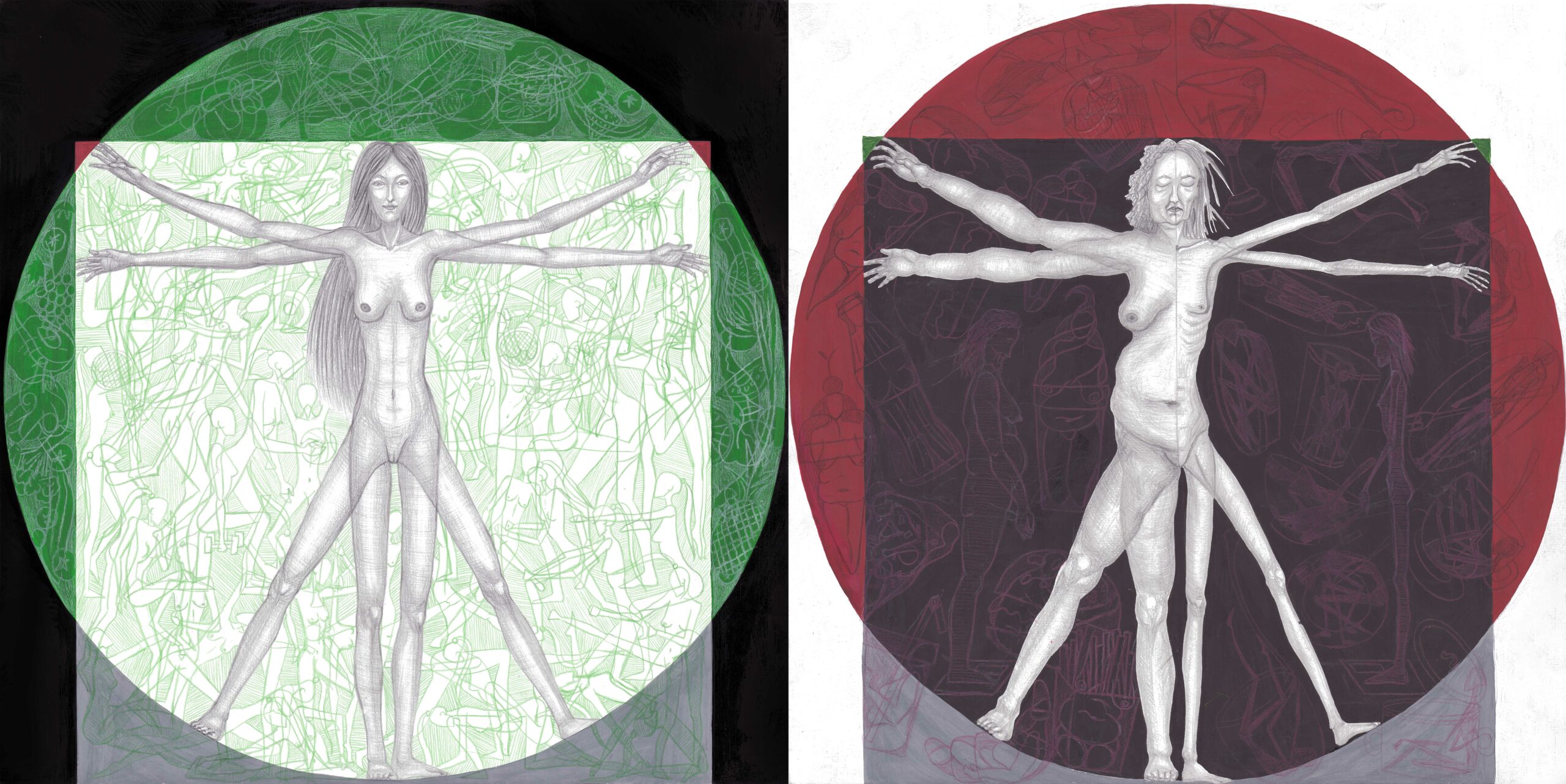 Expectations vs. Reality by Ekaterina Ivanova Dimensions: 38.2 x 38.2 cm; 38.2 x 38.2 cm Medium: Mixed media (pencils, ink, acrylic) Year: 2021 Description: A reference to Da Vinci’s Vitruvian man and its research about the perfect proportions of the human body. It aims to tell about the traps that society sets for the modern woman, imposing insanely high and often unrealistic and unnecessary standards of beauty.