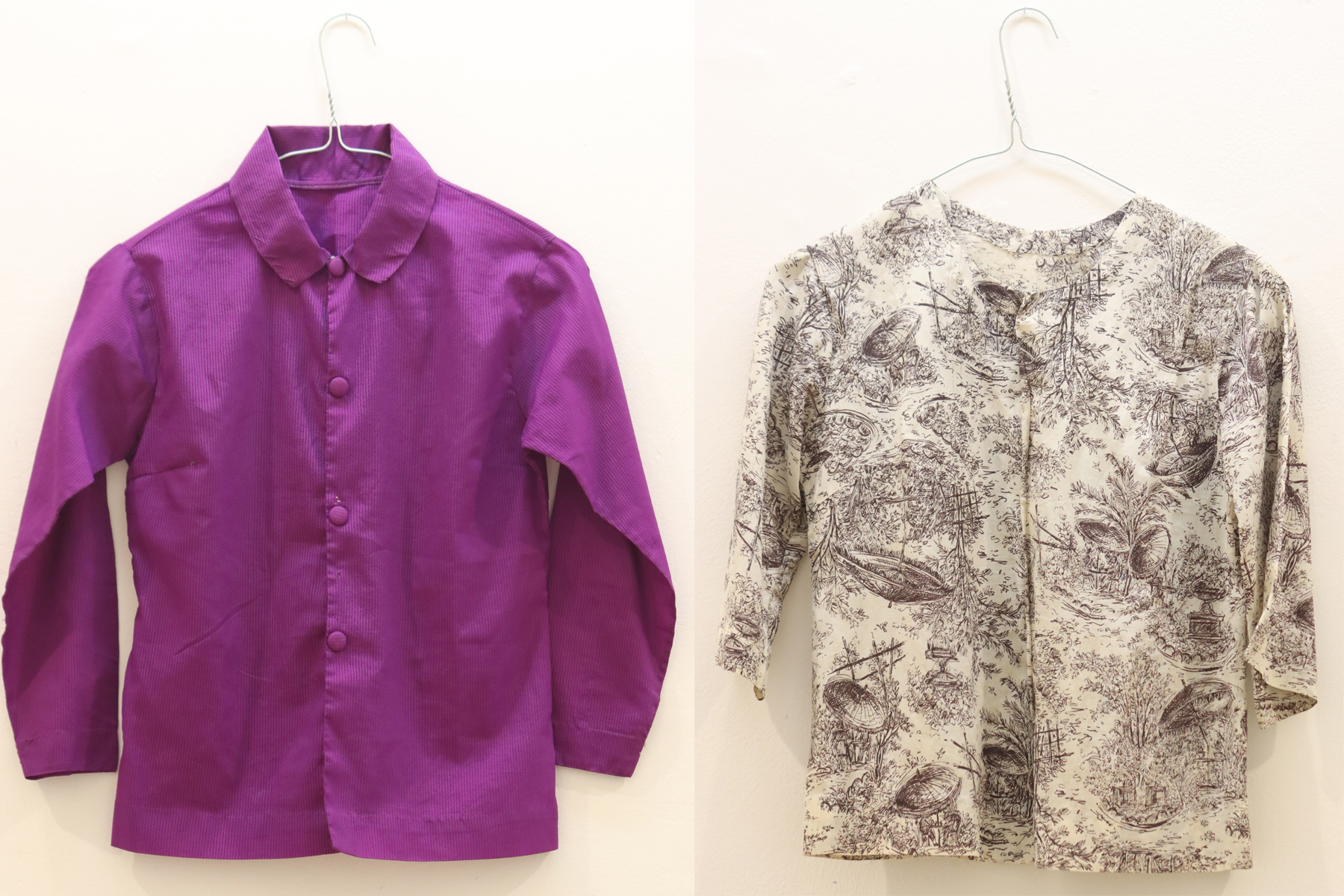 The First Stitch by Hien Cao Nguyen Size: Two Shirts size S Material: Clothing Statement: “The First Stitch” reflects the artist's origins. The work is represented by two shirts sewn by Hien's mother. They were one of the few things her mother was able to take with her when Hien’s family fled their home country due to the war. Clothing is not frivolous. It can reveal a true reality, lived experiences that surround our bodies, our lives, our identity. It helps us to create memories that are important to us.